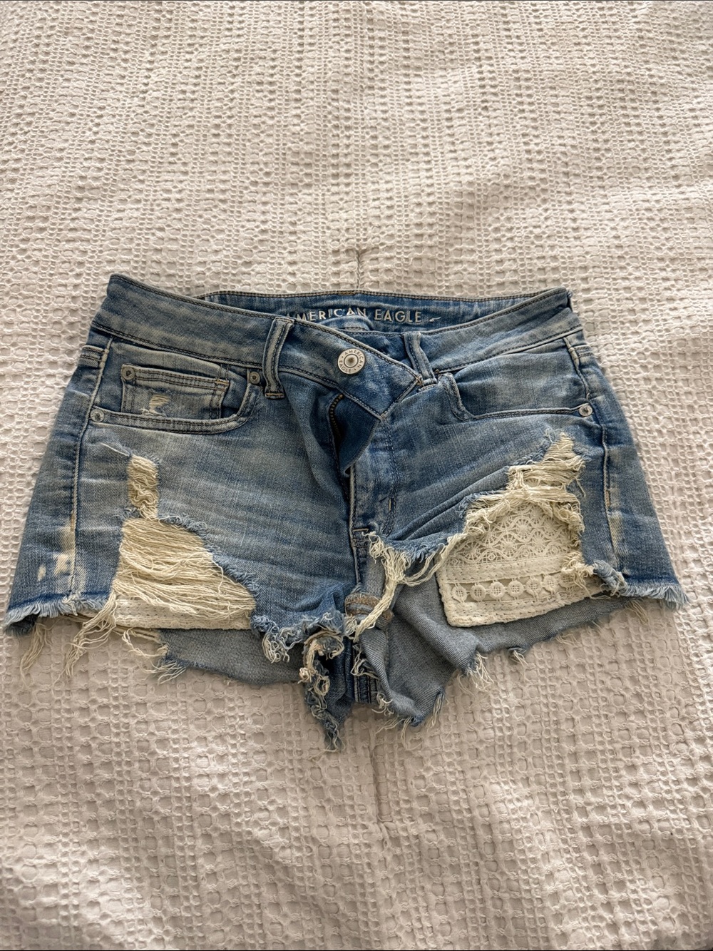 American Eagle Outfitters Light Blue Distressed Denim Shorts with Lace Panels